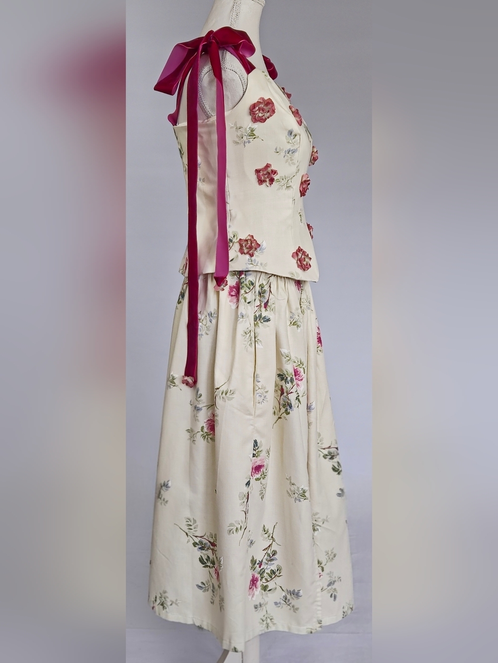 Upcycled Vintage Floral Corset Top and Skirt Set with Velvet Ribbon Ties - Picture 9 of 14